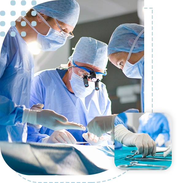 A team of surgeons carefully performing an operation with use of precision tools in the operation theatre