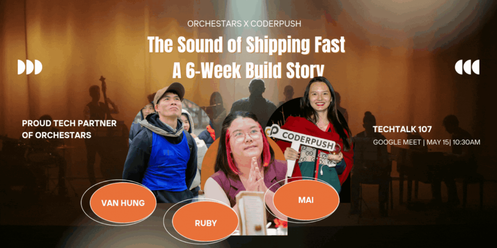 CoderPush development team presents the Orchestars event platform development journey during an internal TechTalk session