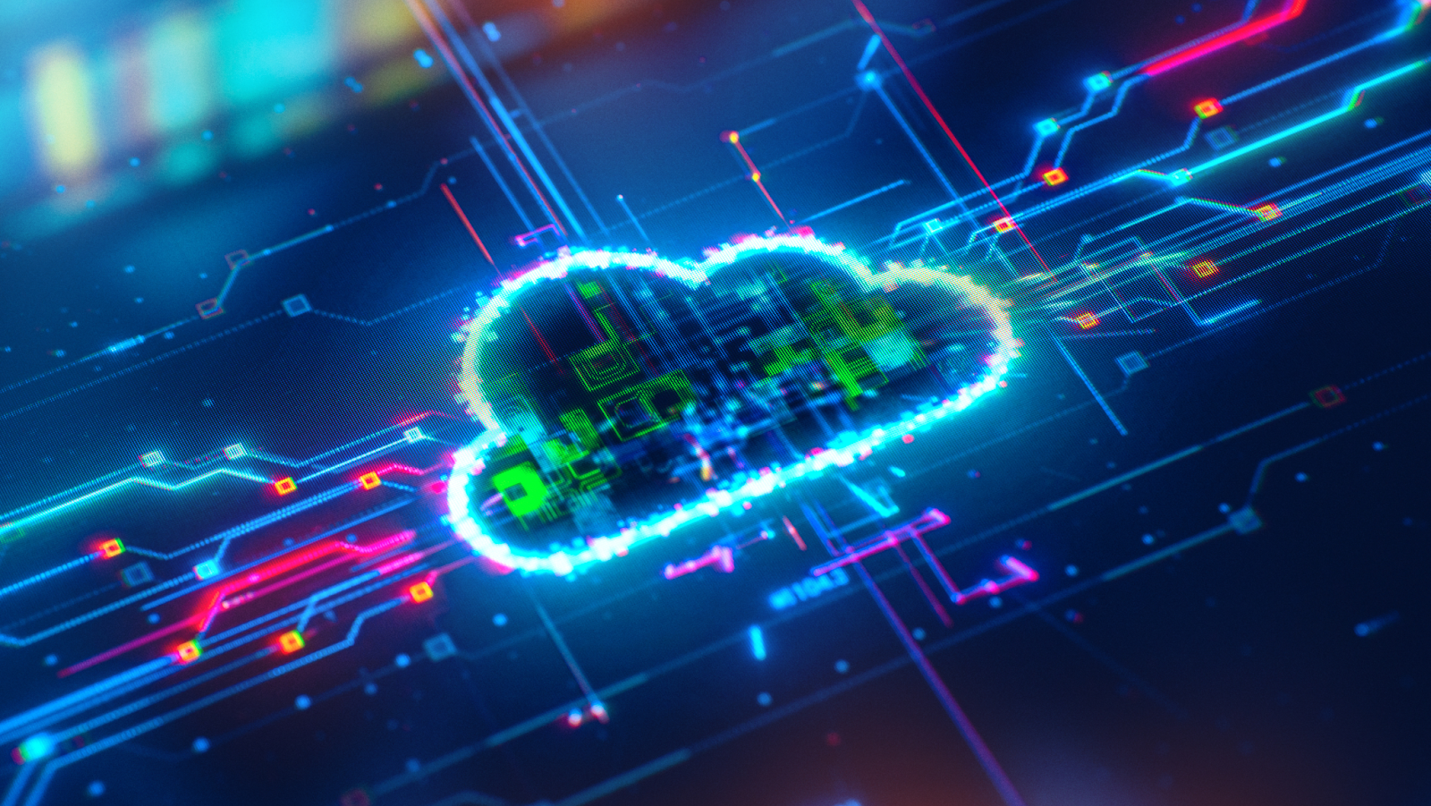 Modern cloud icon hovering over interconnected servers and application layers, visualizing speed, scalability, and digital transformation through cloud computing.